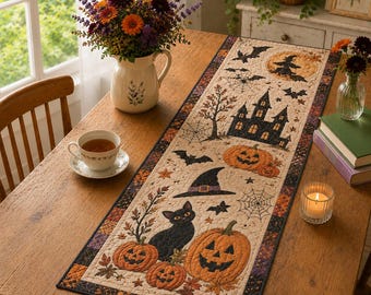 Halloween Table Runner, Jack O Lantern Pumpkin Black Cat Haunted House Table Runner, Spooky Fall Kitchen Decor, Holiday Table Decor