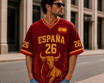 Puede incluir: Una camiseta de color granate con cuello en V que presenta el texto ESPAÑA y el número 26 en amarillo. La prenda muestra un gráfico de un toro, la bandera de España en el pecho y el número 26 en ambas mangas con ribetes amarillos en el cuello.