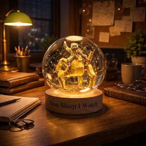 Peut inclure: Un globe de neige décoratif avec une figurine dorée et géométrique à l'intérieur, illuminée par de petites lumières. Le globe repose sur une base en bois avec le texte "You Sleep I Watch". La scène est sur un bureau en bois.