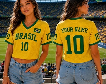 Personalized Brazil Crop Football Jersey, Custom Brasil Soccer Shirt, Women's Cropped Fan Tee with Custom Name & Number, Brazil Gift