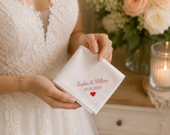 Lenço de casamento bordado personalizado para noiva, lenço de cetim personalizado com os nomes do casal, presente de casamento, lembrança de casamento.