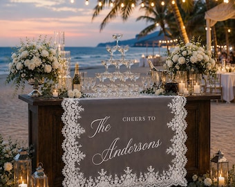 Custom Lace Wedding Bar Sign, Cheers To, Elegant Reception Decor, Bridal Shower Backdrop