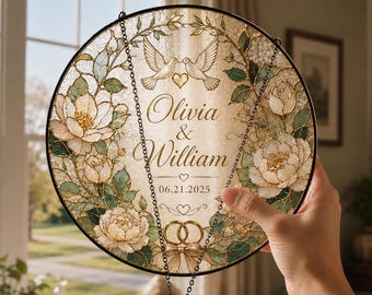 Personalized Printed Tiffany Style Wedding Suncatcher, Custom Bride & Groom Names, Wedding Date, Floral Window Hanging Keepsake Gift