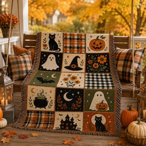 Halloween-vävd pläd, lapptäcke med läskig filt, höstpläd med svart katt och spöke, gotisk Halloween-heminredning