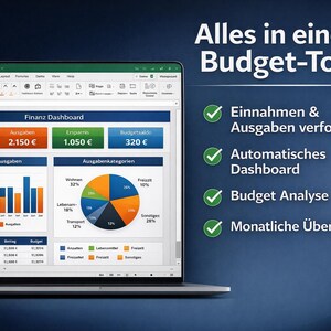 May include: A laptop screen displays a financial dashboard with charts and figures. The screen shows income, expenses, and savings data, along with a pie chart. Text on the screen includes "Finanz Dashboard" and "Budget-Tool."