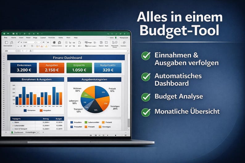 May include: A laptop screen displays a financial dashboard with charts and figures. The screen shows income, expenses, and savings data, along with a pie chart. Text on the screen includes "Finanz Dashboard" and "Budget-Tool."
