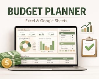 May include: A laptop displaying a budget planner interface with charts and financial data. The screen shows income, expenses, and savings. Text at the top reads "BUDGET PLANNER" and "Excel & Google Sheets." A stack of cash and a gold coin are in the foreground.