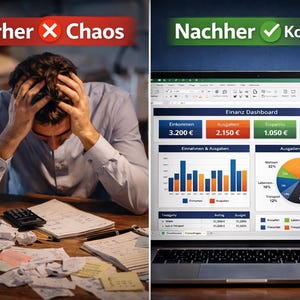 May include: A split image showing financial chaos and control. On the left, a person with their head in their hands surrounded by papers and a calculator. On the right, a laptop displaying a financial dashboard with charts and figures. Text reads "Vorher X Chaos" and "Nachher ✓ Kontrolle".