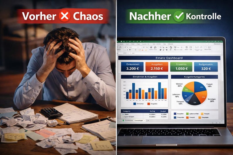 May include: A split image showing financial chaos and control. On the left, a person with their head in their hands surrounded by papers and a calculator. On the right, a laptop displaying a financial dashboard with charts and figures. Text reads "Vorher X Chaos" and "Nachher ✓ Kontrolle".