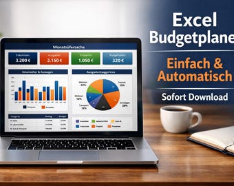 May include: A laptop displaying an Excel budget planner with charts and financial data. The screen shows the text "Excel Budgetplaner Einfach & Automatisch Sofort Download". A cup of coffee and a notebook are on the wooden desk.
