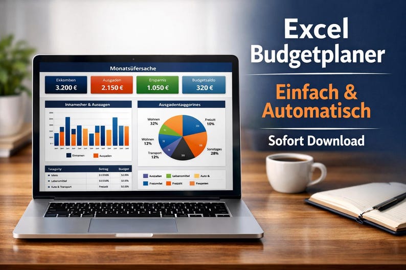 May include: A laptop displaying an Excel budget planner with charts and financial data. The screen shows the text "Excel Budgetplaner Einfach & Automatisch Sofort Download". A cup of coffee and a notebook are on the wooden desk.