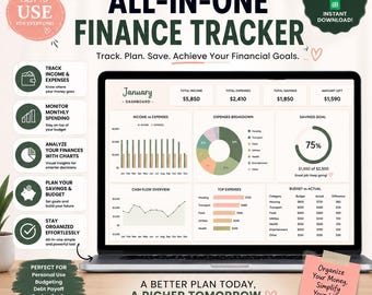 May include: A laptop screen displays a financial dashboard with charts and graphs. The text "ALL-IN-ONE FINANCE TRACKER" is prominent. The dashboard includes sections for income, expenses, and savings, with the text "Instant Download" and "Easy to Customize".