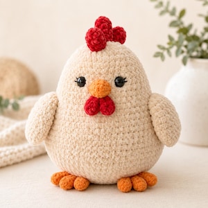 Puede incluir: Un peluche de pollo tejido a ganchillo de forma redonda y color crema, con una cresta roja brillante en la parte superior, un pequeño pico naranja y dos barbillas rojas. Tiene grandes ojos negros brillantes y patas naranjas de lana.