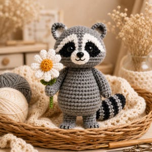 Schema per realizzare un procione all'uncinetto, adatto ai principianti, tutorial per amigurumi (download in PDF)