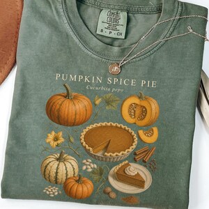 Puede incluir: Una camiseta de cuello redondo color verde salvia con un estampado gráfico de calabazas, un pastel de calabaza entero, una porción de pastel, ramas de canela y semillas. El texto dice PUMPKIN SPICE PIE y Cucurbita pepo. Etiqueta Comfort Colors.