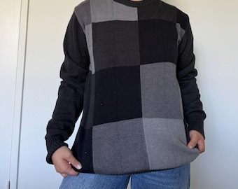 Vintage 90s retro geometric grid pattern black sweater size medium Oscar de la renta