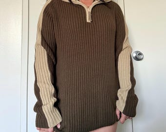 Vintage Braun Color Block Strukturmuster Strickpullover - Y2K Style