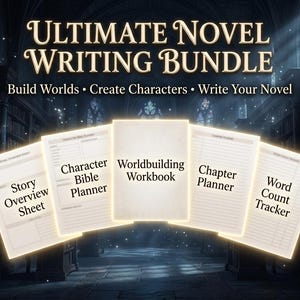 Könnte beinhalten: Das Bild zeigt das "ULTIMATE NOVEL WRITING BUNDLE" mit dem Text "Build Worlds • Create Characters • Write Your Novel." Es enthält ein Story-Übersichtsblatt, einen Charakter-Bibel-Planer, ein Worldbuilding-Workbook, einen Kapitelplaner und einen Wortzähler. Der Hintergrund ist eine Bibliothek.