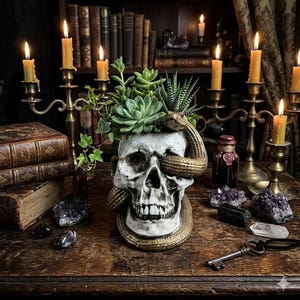May include: A white skull-shaped planter with a gold snake wrapped around it, holding green succulents and ivy. The background includes lit candles, antique books, and crystals, creating a gothic or witchy aesthetic.