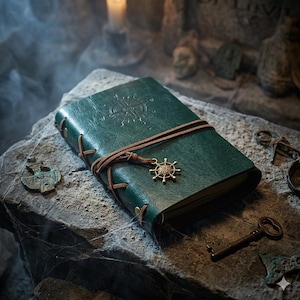 May include: A dark green leather journal with a compass rose design and a brown leather strap. A gold-colored ship's wheel charm hangs from the strap. The journal is on a stone surface with other antique items.
