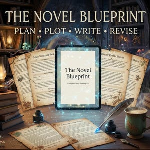 Könnte beinhalten: Ein Bild mit einem Tablet, das "The Novel Blueprint" mit dem Text "Plan, Plot, Write, Revise" zeigt. Drumherum liegen gealterte Papiere, eine Feder, Tinte und eine Kaffeetasse, was das Schreiben thematisiert.