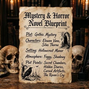 May include: A vintage-style blueprint for a Gothic mystery novel, featuring text and illustrations. The scene includes skulls, a raven, books, a candle, and a quill. The text reads "Mystery & Horror Novel Blueprint" with plot details.