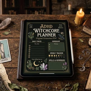 May include: An iPad displaying an ADHD Witchcore Planner, surrounded by candles, crystals, tarot cards, and potion bottles. The planner features sections for daily focus, to-do lists, and an energy tracker. The text on the planner reads "ADHD Witchcore Planner".