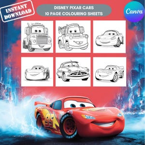 May include: A digital collection of Disney Pixar Cars coloring sheets featuring line art illustrations of Mack, Mater, Sally, Jackson Storm, Doc Hudson, and Lightning McQueen, with a large red Lightning McQueen car graphic at the bottom.