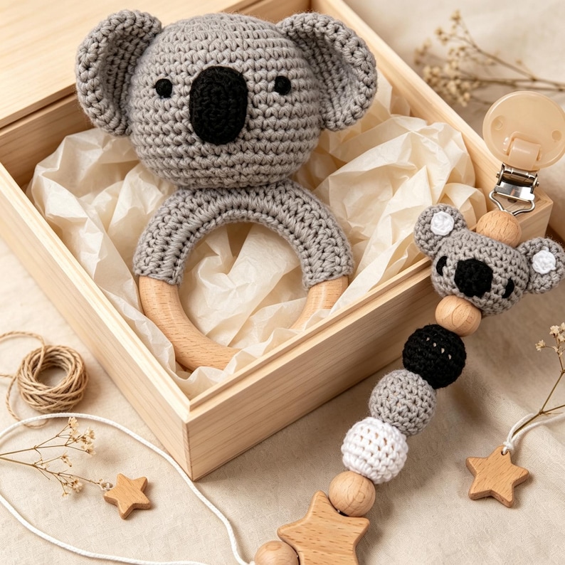 Bead Rattle Personalised Crochet Baby Rattle & Pacifier Clip, Animal Dummy Chain ...