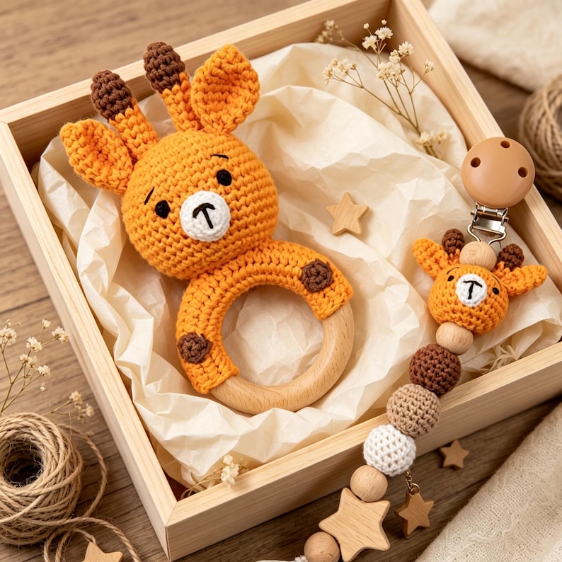 Bead Rattle Personalised Crochet Baby Rattle & Pacifier Clip, Animal Dummy Chain ...