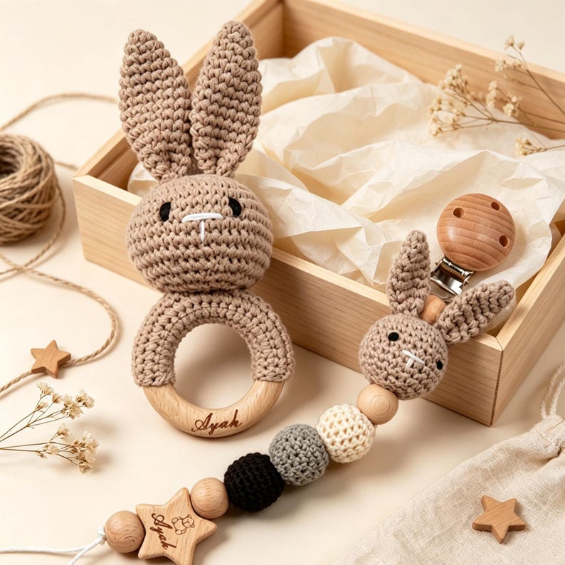 Bead Rattle Personalised Crochet Baby Rattle & Pacifier Clip, Animal Dummy Chain ...