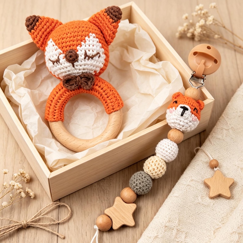 Bead Rattle Personalised Crochet Baby Rattle & Pacifier Clip, Animal Dummy Chain ...