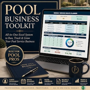 May include: A laptop displays a weekly service route planner and financial data, part of a pool business toolkit. A dark blue mug with a gold "P" and a notebook with a pen are also visible. The image includes the text "POOL BUSINESS TOOLKIT".