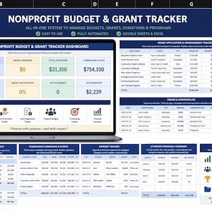 May include: A laptop screen displays a nonprofit budget and grant tracker dashboard. The screen shows financial data, including annual budget, grants awarded, and fundraising totals. The software is designed for easy use and is fully automated.