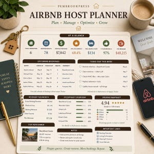Può includere: Un documento stampato Airbnb Host Planner con sezioni per metriche di proprietà, prenotazioni, attività settimanali, entrate, occupazione e recensioni. Il layout include tabelle, barre di avanzamento ed elenchi con intestazioni come At a Glance.
