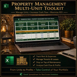 Può includere: Un laptop mostra un foglio di calcolo del toolkit di gestione immobiliare. Lo schermo mostra dati finanziari, tra cui l'affitto, il tasso di sfitto e le spese. Il testo sullo schermo recita "Property Management Multi-Unit Toolkit" e "Manage Units, Increase Cash Flow, Massimizza ROI."