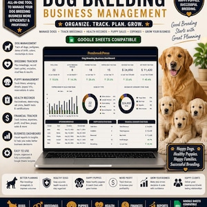 May include: A digital dog breeding business management tool displayed on a laptop screen, featuring charts, financial summaries, and tracking metrics. The layout includes text headers, icons, and a photograph of a golden retriever with three puppies.
