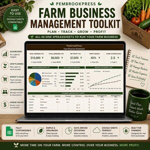 May include: A laptop displaying the PembrookPress Farm Business Management Toolkit, a digital spreadsheet dashboard showing revenue, expenses, net profit, and crop planning data. The screen features charts, tables, and financial metrics for farm operations.