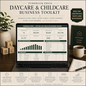 May include: A laptop displays a daycare business toolkit with financial data, charts, and upcoming events. The screen shows revenue, expenses, and profit metrics. Wooden blocks with letters and a coffee cup are on the desk.