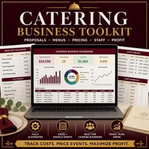 May include: A laptop displaying a catering business toolkit with financial data, charts, and graphs. The image includes menu cost calculators, event trackers, and staff scheduling tools. Text on the screen reads "Catering Business Toolkit".