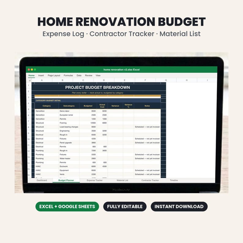 May include: A laptop screen displaying a Home Renovation Budget spreadsheet with columns for Category, Subcategory, Budgeted, Actual Cost, Variance, and Notes. The spreadsheet includes sections for Demolition, Structural, Electrical, Plumbing, and HVAC.