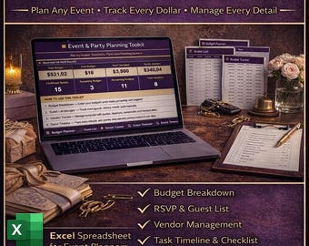 Event Party Planning Budget Toolkit Excel Spreadsheet Guest List Vendor Tracker Day-of Timeline Task Checklist Budget Planner