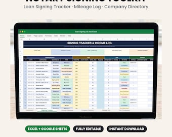 May include: A digital Notary Signing Toolkit displayed on a laptop screen, featuring a spreadsheet titled Signing Tracker & Income Log with columns for dates, borrowers, signing companies, fees, mileage, and payment status for loan signings.