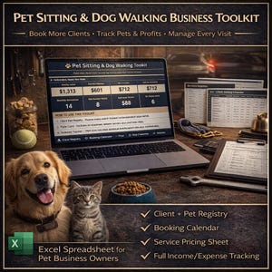 May include: A laptop displays a pet sitting and dog walking business toolkit, with a golden retriever and a gray tabby cat in the foreground. The toolkit includes client registry, booking calendar, service pricing, and income tracking. Text reads: Excel Spreadsheet for Pet Business Owners.