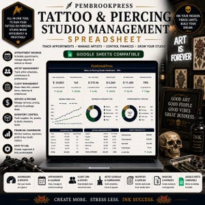 Könnte beinhalten: Eine digitale Tabellenkalkulation für die Verwaltung von Tattoo- und Piercingstudios auf einem Laptop-Bildschirm. Die Benutzeroberfläche zeigt Finanz-Dashboards, Umsatztrends und Termindaten. Der Text umfasst PembrookPress Tattoo & Piercing Studio Management Spreadsheet und Google Sheets Compatible.