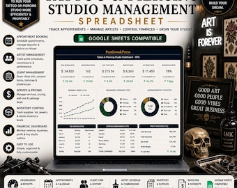 Tattoo Studio Spreadsheet, Tattoo Business Planner, Piercing Studio, Studio Manager, Tattoo Shop, Small Business, Google Sheets Excel