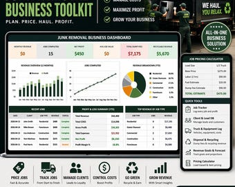 Hoja de cálculo para negocios de eliminación de basura / Calculadora de precios de trabajos, seguimiento de clientes, registro de camiones, objetivos de ingresos / Plantilla de transporte / Hojas de cálculo de Excel