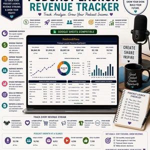 Op de afbeelding: Een digitale podcast-omzettracker op een laptopscherm met grafieken, tabellen en financiële gegevens. De afbeelding bevat een microfoon, een mok met tekst en een notitieblok met een checklist, gepresenteerd als een uitgebreide zakelijke tool.