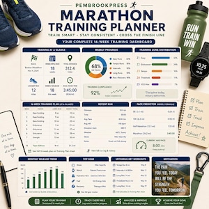 May include: A PembrookPress Marathon Training Planner dashboard featuring a 16-week schedule, weekly progress charts, training zone distribution, pace predictor, and monthly mileage trends. Includes running shoes, a water bottle, and a watch.