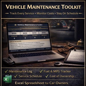 Pode incluir: Um laptop exibindo uma interface de kit de ferramentas de manutenção de veículos. A tela mostra dados de rastreamento de serviço, custos e cronograma. Uma chave inglesa, luvas e um bloco de notas também são visíveis. O texto diz: "Vehicle Maintenance Toolkit."